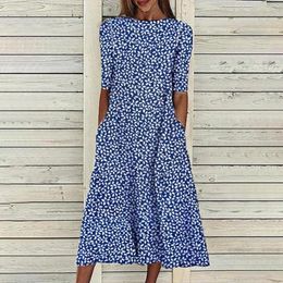 Casual Dresses Fashion Women's Mid Sleeve Round Neck Floral Print Dress 100 Cotton