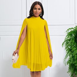 Casual Jurken Mode Vrouwen Effen Chiffon Hoge Hals Geplooide Mantel Mini Jurk Zomer Herfst Elegante Vleermuismouwen Een Lijn Avond Verjaardag