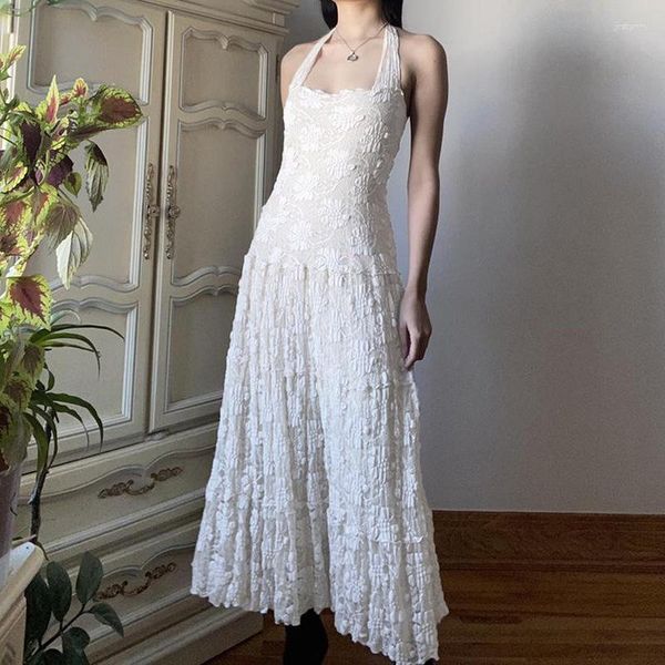 Robes décontractées Fashion Femmes Summer Maxi Viens Vestidos Halter Coule Sans manches de la Laine blanche sexy