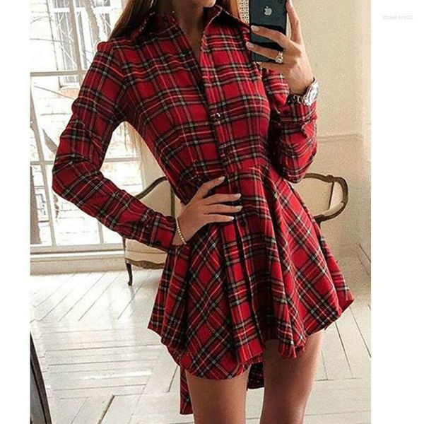 Robes décontractées mode femmes col rabattu bouton à carreaux rouge à manches longues taille haute Mini robe chemise