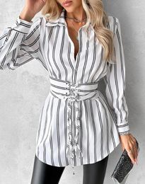 Robes décontractées Mode Femmes Chemise Robe Printemps Rayé À Lacets Avant À Manches Longues Simple Boutonnage Avec Ceinture