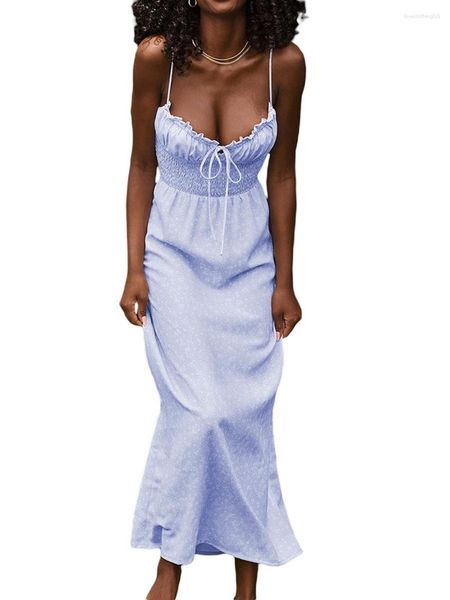 Robes décontractées Mode Femmes Summer Cami Robe Fleur Imprimer Spaghetti Strap Avant Tie Up Dos Ouvert Long Club Street Style S M L