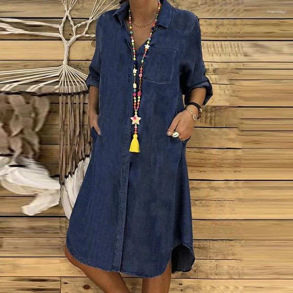 Robes décontractées Femmes à la mode Denim Robe irrégulière Cardigan élégant A-ligne Automne Manches longues Couleur unie Poche Dres