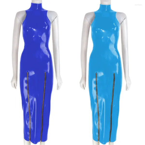 Vestidos casuales Cuero de imitación PVC Vestido largo Hipster Sólido Flaco Robe Sin mangasTurtleneck Vestido brillante Mujer Elegante Attirewea Split