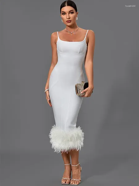 Robes décontractées Robe de bandage de plumes Femmes Blanc Moulante Soirée Soirée Élégante Sexy Midi Anniversaire Club Tenues 2024 Mode d'été