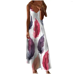 Casual jurken veerprint dames sexy v nek slanke taille lange lengte lange lengte jaagse jurk zomer ruche ruche spaghetti riem voor vrouwen