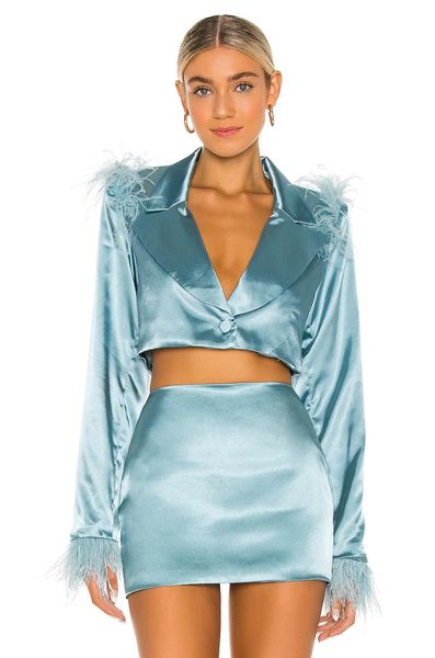 Vestidos casuales Traje de plumas Falda corta Falda larga Cardigan Set Runway Mujer Adornado Satén Blazer Chaqueta Mini Suitcasual