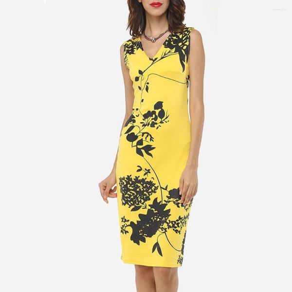 Vestidos casuales Feibushi para mujer verano amarillo con cuello en V sin mangas desgaste vintage para trabajar oficina fiesta de negocios vestido ajustado ajustado