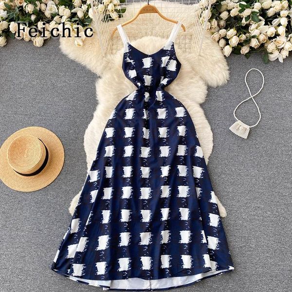 Feichic Summer Women's 2023 Holiday Sexy Sling Plaid Bow Élégant Midi Dress Designer Vêtements Vestidos Vintage Bohemia