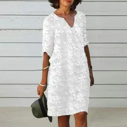 Casual jurken vrouwelijke strandjurk v nek halve mouwen bloem borduurwerk pullover elegante slijtage witte kleur vrouwen zomer losse midi