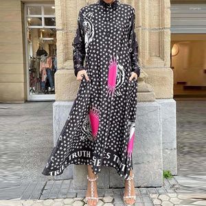 Robes décontractées Femme Boho High Street Longue Mode Rétro Tigre Soleil Étoiles Imprimer Maxi Robe Robe Femmes Col Montant Bouton Fête