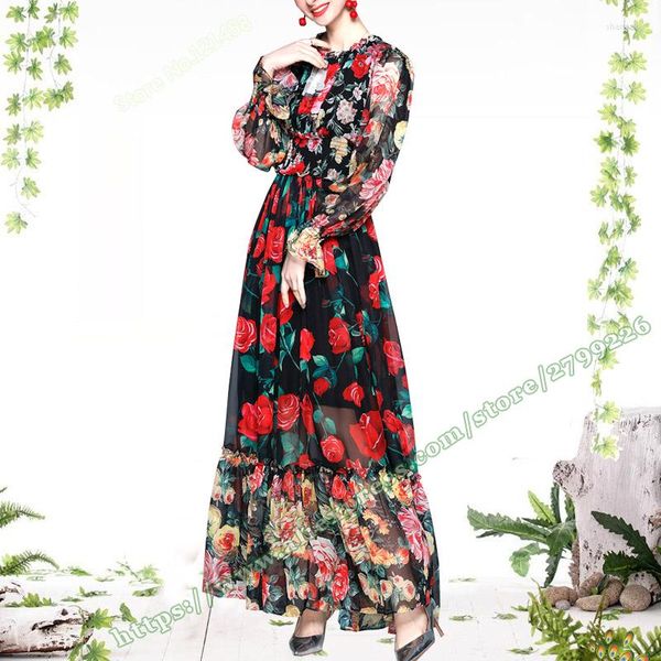 Robes décontractées femme vêtements élégants dames en mousseline de soie grande fleur florale à manches longues à volants Maxi robe d'été 2023 femmes