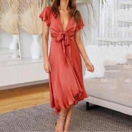 Vestidos casuales vestido femenino sólido longitud media sexy profundo cuello en v ombligo irregular con cintura corbata delgada elegante para mujer