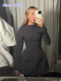 Casual Jurken Vrouwelijke Mode Chic Donkergrijs Zak Elegant Pendelen Lange Mouw Mini Jurk 2023 Herfst Vrouwen High Street Vestidos