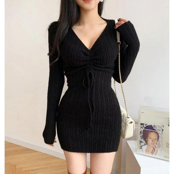 Vestidos casuales vestidos de punto corto mujer otoño invierno coreano sexy sweater fashion fashion slim v cuello manga larga