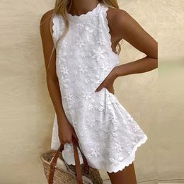 Vestidos casuales femenino simple vestido sólido verano sin mangas bordado encaje mini 2024 elegante tanque de fiesta de playa suelta