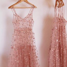 Casual Jurken Vrouwelijke V-hals Sterren Slobed Mesh Shiny Fairy Jurk Dames Elegante Bling Gaas Prinses Slanke Vestidos Drop