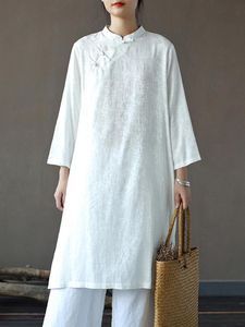 Robes Décontractées Femme Vintage Jacquard Robe Blanche Élégant Vestidos Automne Original Stand Sept Manches A-Line Style Chinois Bouton 2023Casua