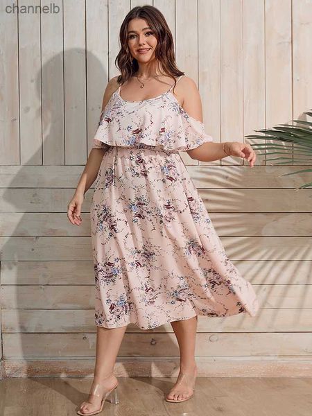 Vestidos casuales Finjani Estampado floral Hombro frío Vestido con volantes Vestido de talla grande Mujer Verano Cintura alta Cami Incluso vestido L230520