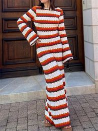 Robes décontractées Fit Flare tricot Maxi longue robe mode vague rayure manches dos nu automne vacances fête moulante Y2K Streetwear