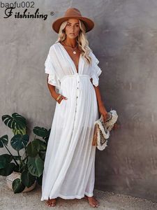 Robes décontractées Fitshinling Bohemian Deep V Neck White Long Dress Backless Ruffles Button Up Pareos Beach Cover Up Holiday Sexy Slim Maxi Robe W0315