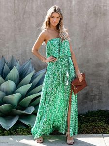 Vestidos casuales Fitshinling Moda Vestido largo sin tirantes Ropa de mujer Sexy Split Slim Maxi Mujer Verde Pareo Bohemio 2023