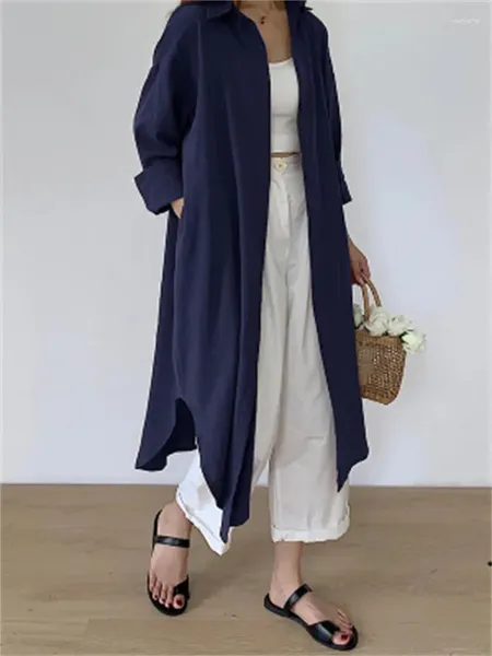 Robes décontractées Fitshinling Mode coréenne Oversize Chemise Robe Boutons Solide Lâche Mi-mollet Long pour les femmes BF Style Robes