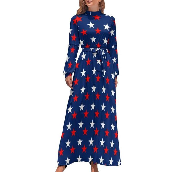 Vestidos casuales Vestido de bandera Cintura alta Estrella estadounidense Patrón patriótico Playa Manga larga Moda de calle Maxi Ropa linda Casual