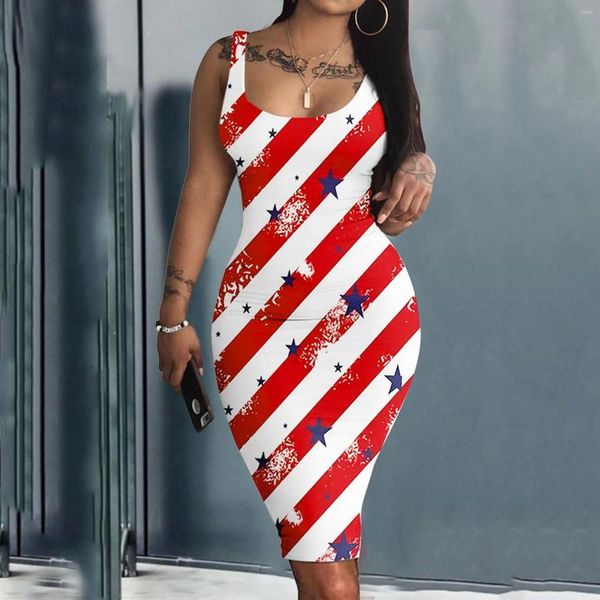 Robes décontractées drapeau sans manches dames club-vêtements sexy robe imprimement gilet mini féminin américain maxi pour femmes américaines
