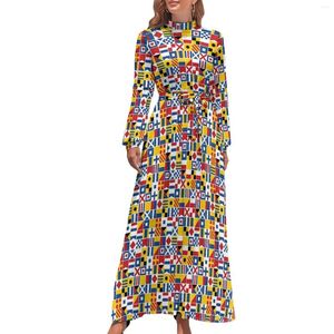 Casual Jurken Vlaggenprint Jurk Nautisch Signaal Koreaanse Mode Bohemen Dames Lange Mouw Hoge Taille Party Maxi