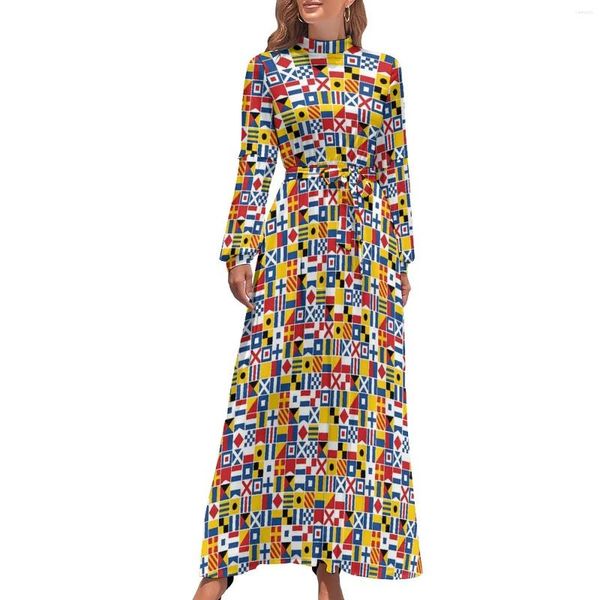 Robes décontractées Drapeaux Imprimer Robe Signal Nautique Mode Coréenne Bohême Femmes Manches Longues Taille Haute Fête Maxi
