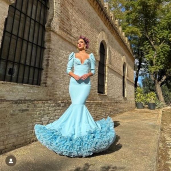 Vestidos casuales Flamenco Maxi Ruffles Ropa de baile Elegante Vestidos largos de fiesta Sky Blue Sirena Mangas Fiesta en capas con gradas