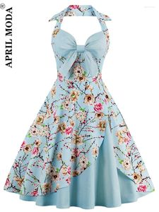 Robes décontractées Floar Print Halter Vintage 4XL Tunique Robe Années 50 Années 60 Élégante Col V Fête Rétro Big Swing Jurken Rockabilly Femmes Vêtements