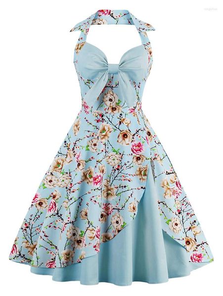 Robes décontractées Floar Imprimer Halter Vintage Plus Taille Robe 50s 60s Élégant V Cou Party Rétro Big Swing Jurken Rockabilly Wome Vêtements