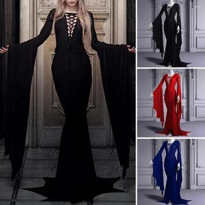 Casual jurken Vloerlengte damesjurk Vintage bruidkostuum Sexy vetersluiting V-hals vloer voor Halloween-feest Cosplay Slim Fit Bell Sleeves