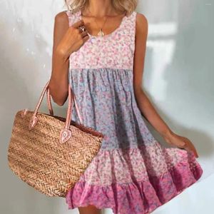 Vestidos informales Floral Boho Sundress for Women Summer Vestido redondo Cuello sin mangas Tank Beach Swing Fashion Slim Midi Ross