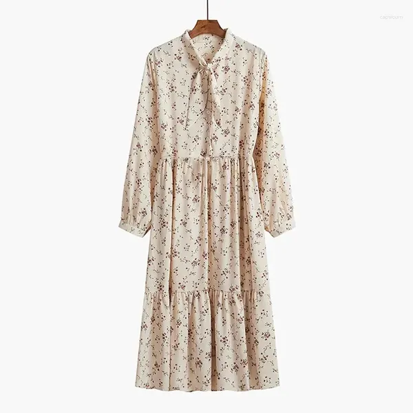 Robes décontractées robe florale à manches longues printemps et automne rétro rétro-féminine petite cols écharpe frais sans velours jupe en ligne A-line