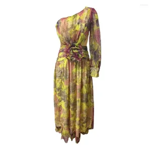 Casual jurken Bloemen Versierd Formele jurk Elegant Eén-schouder Tie-dye Bal met Mesh Bubble Sleeve Split Zoom Dames Tot de grond