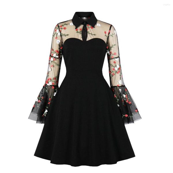 Robes Décontractées Floral Brodé Maille Élégante Femmes Robe De Soirée Années 50 Années 60 Rétro Vinatage Noir Gothique Streetwear Une Ligne Swing Rockabilly