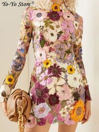 Casual jurken bloemen borduurwerk elegante luxe dames mini -jurk half hoge kraag lange mouw 2023 lente avond feest lady vestido 230228
