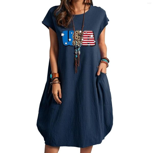 Vestidos casuales florales para mujeres sin mangas bandera americana carta impresa suelta manga corta vestido de verano