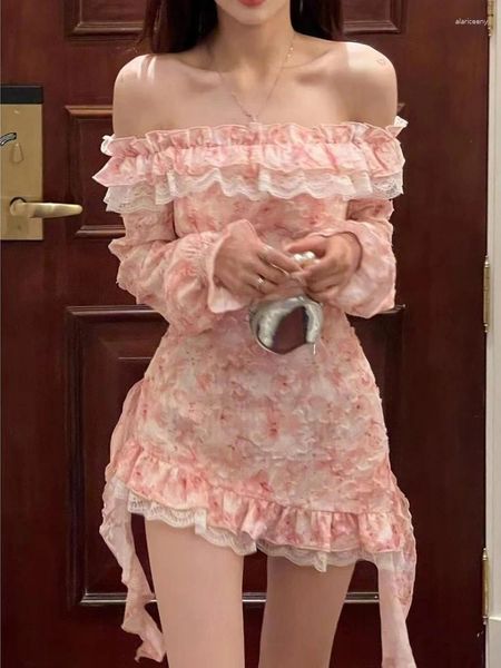 Robes décontractées Floral Kawaii Lolita Party Mini Robe Femmes Imprimer Corée Style Doux Mignon Fée Hors Épaule Sexy Élégant Été 2024