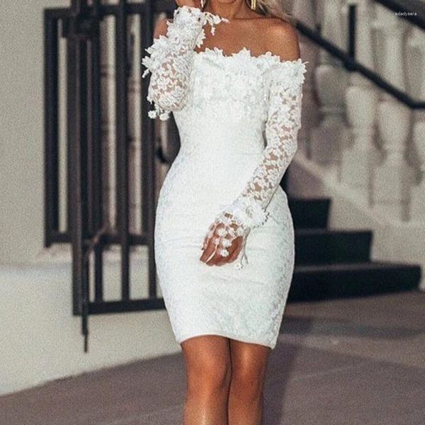 Vestidos casuales encaje floral blanco para las mujeres crochet slash cuello fuera del hombro vestido de fiesta de cóctel elegante damas delgadas bodycon robe