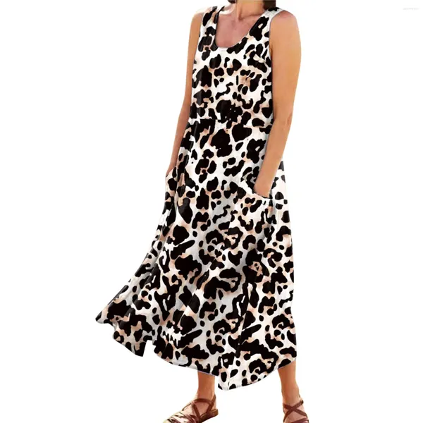 Robes décontractées Leopard Summer Summer Souloun Nou rond Elegant Round Loose Boho Long Tank Robe Vintage Pockets Beach Vestidos