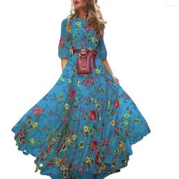 Robes décontractées Robe longue florale élégante impression maxi pour les femmes a-ligne silhouette taille haute conception demi-manche détail printemps