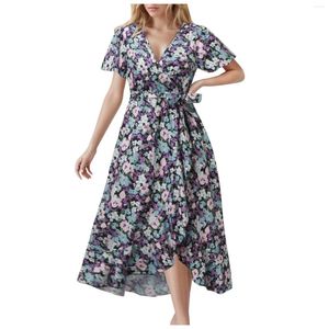 Casual jurken Floral Maxi For Women 2024 Summer Wrap V Neck Ruffe Borted Boho Holiday Dress Elegant Ladies Party A Line Flowy