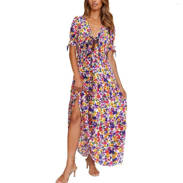 Vestidos casuales Floral Prin para mujer 2023 Verano Mujer Tie Front V Cuello Manga corta Split Long SunDresses para mujeres