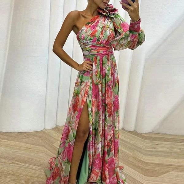 Robes décontractées Robe trapèze à imprimé floral Robe de soirée formelle avec fentes Élégante une épaule Maxi côté pour les fêtes