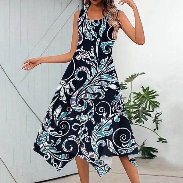 Vestidos casuales Estampado floral bohemio para mujeres 2024 Sin mangas Tanque Playa Sundress Fiesta irregular Una línea Maxi Vestido Vestidos