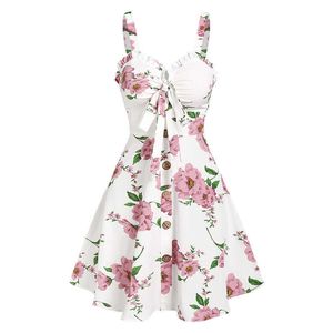 Casual jurken bloemenprint bowknot gegolfde mini escapism resort stijl zonsondergang paas zomer mock knop ruches bust tuin feestjurken z0216